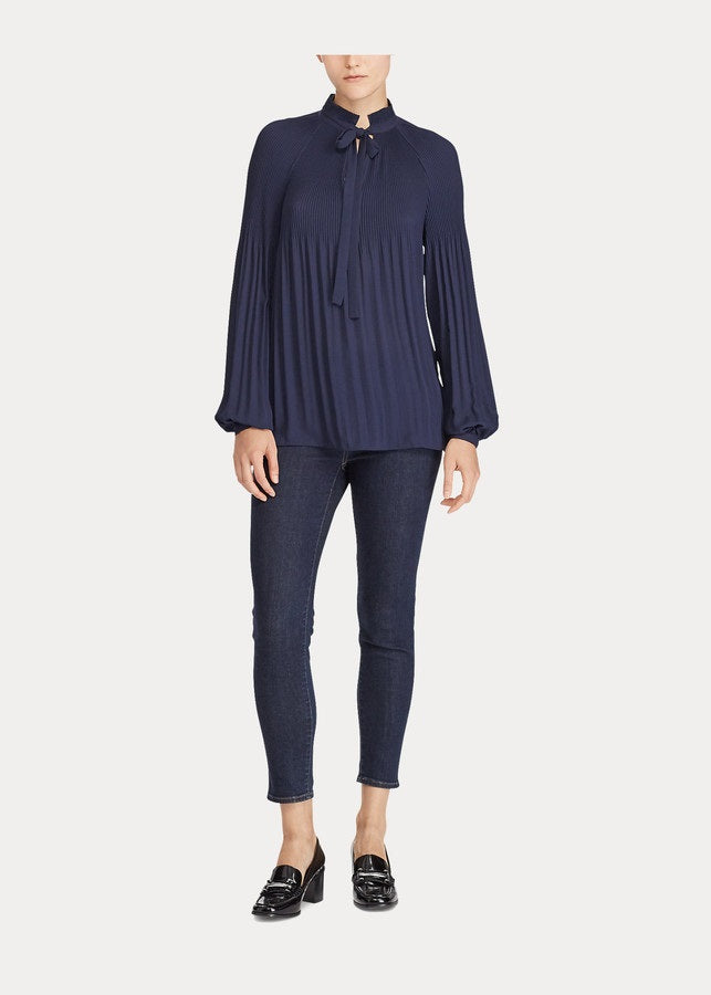 Ralph Lauren Women's Georgette Tie-Neck Top Clothing Navy Size Medium