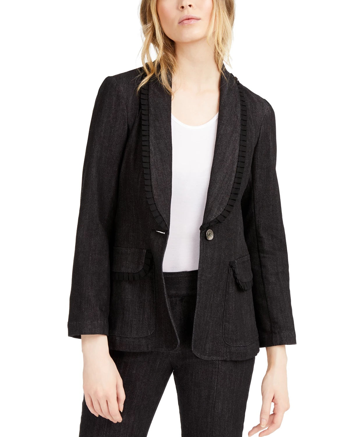 Nanette Lepore Women's Go Getter Ruffled Denim Blazer Black Size X-Small