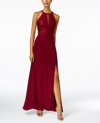 Nightway Women's Petite LaceTrim Illusion Halter Gown Wine Size 8P