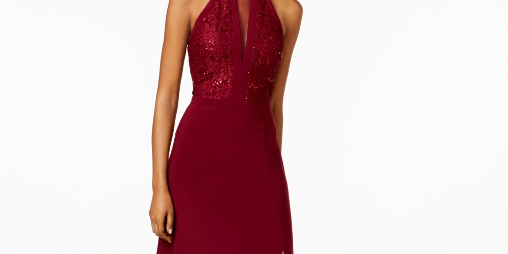 Nightway Women's Petite LaceTrim Illusion Halter Gown Wine Size 8P