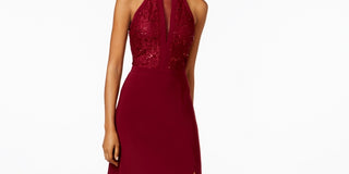 Nightway Women's Petite LaceTrim Illusion Halter Gown Wine Size 8P