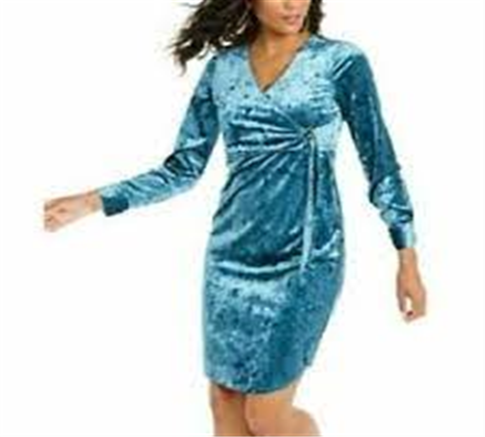 Thalia Sodi Women's Side Tie Velvet Surplice Dress Turq/Aqua