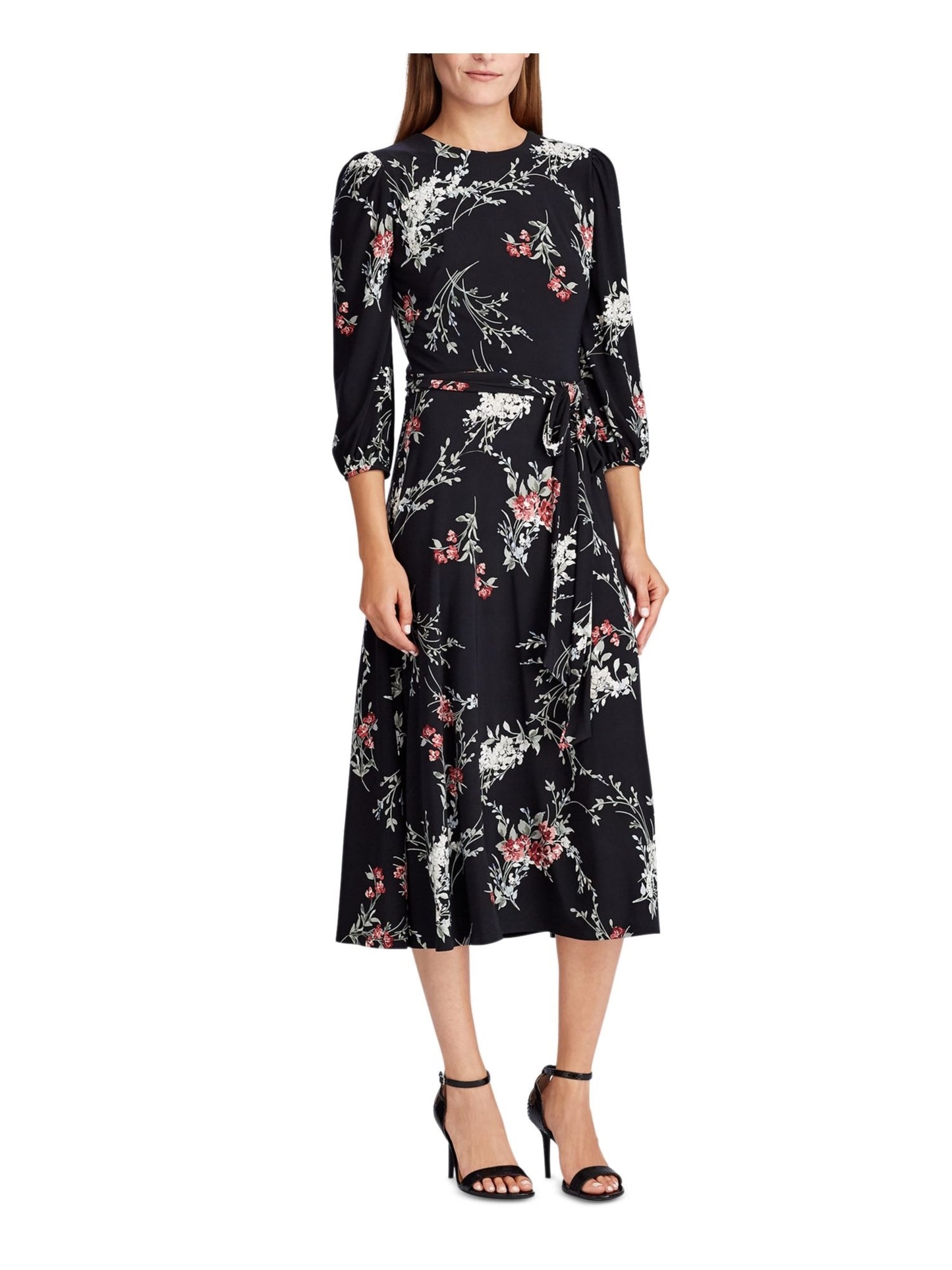 Ralph Lauren Women's Black Belted Floral Long Sleeve Jewel Neck Maxi Sheath Dress Black Size 0