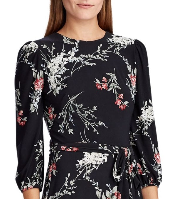 Ralph Lauren Women's Black Belted Floral Long Sleeve Jewel Neck Maxi Sheath Dress Black Size 0