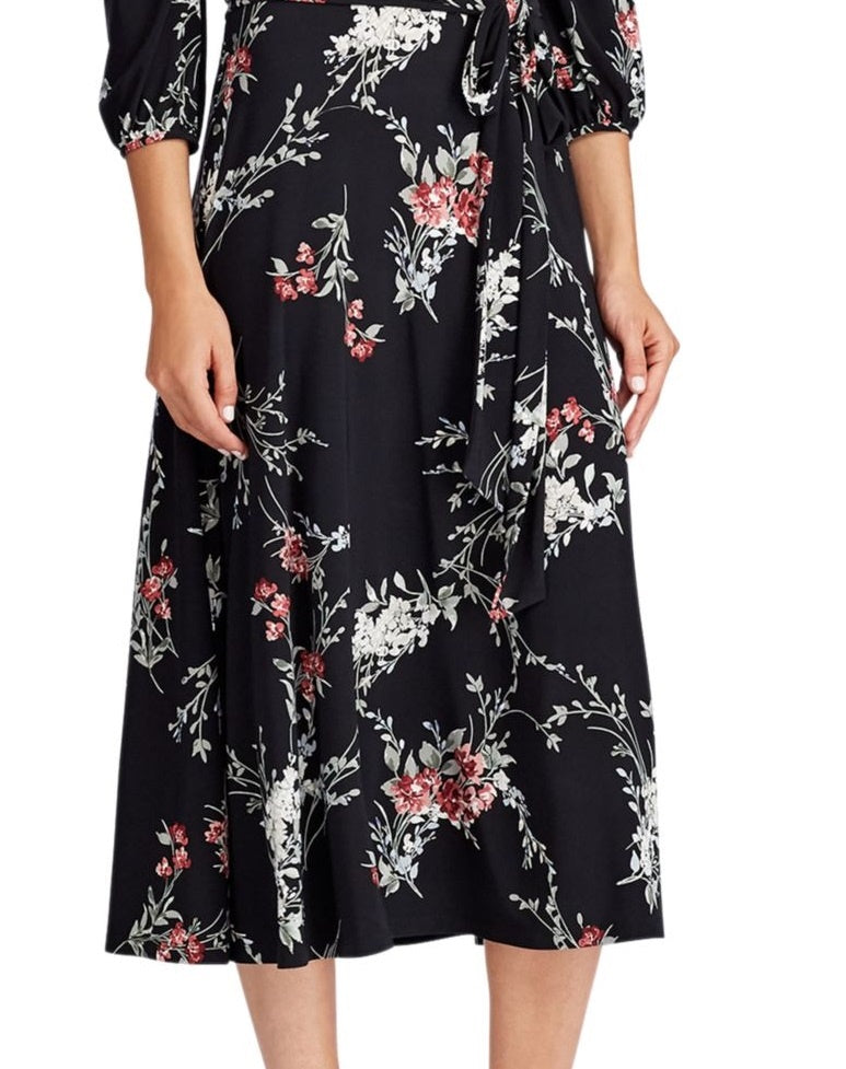 Ralph Lauren Women's Black Belted Floral Long Sleeve Jewel Neck Maxi Sheath Dress Black Size 0