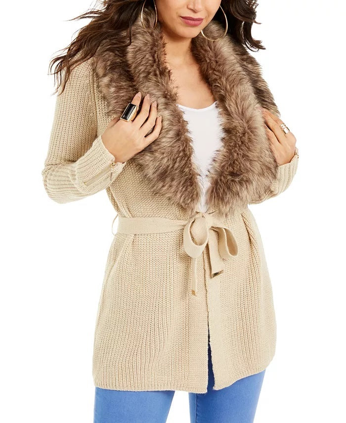 Thalia Sodi Women's Faux-Fur Trim Ribbed Cardigan Gold Size Medium
