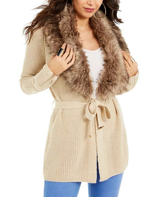 Thalia Sodi Women's Faux-Fur Trim Ribbed Cardigan Gold Size Medium
