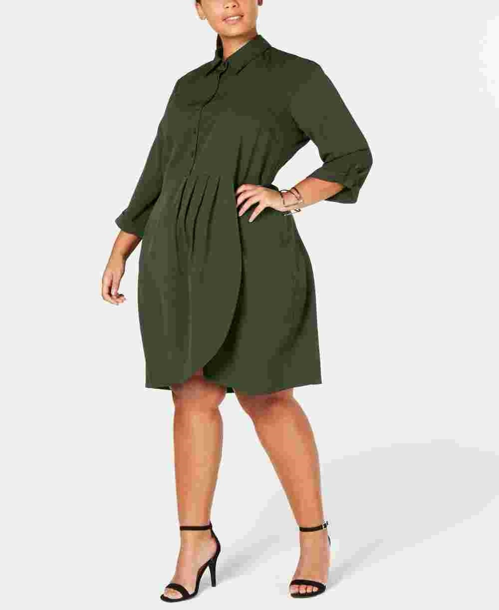 Love Squared Women's Green 3/4 Sleeve Tie Neck Above The Knee Shirt Dress Wear To Work Dress Green Size 3X