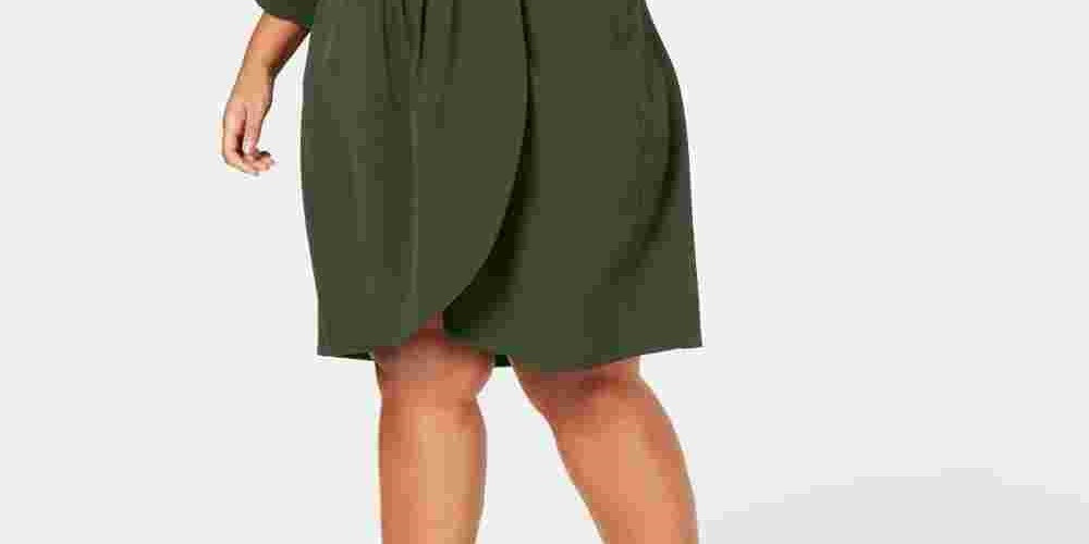 Love Squared Women's Green 3/4 Sleeve Tie Neck Above The Knee Shirt Dress Wear To Work Dress Green Size 3X