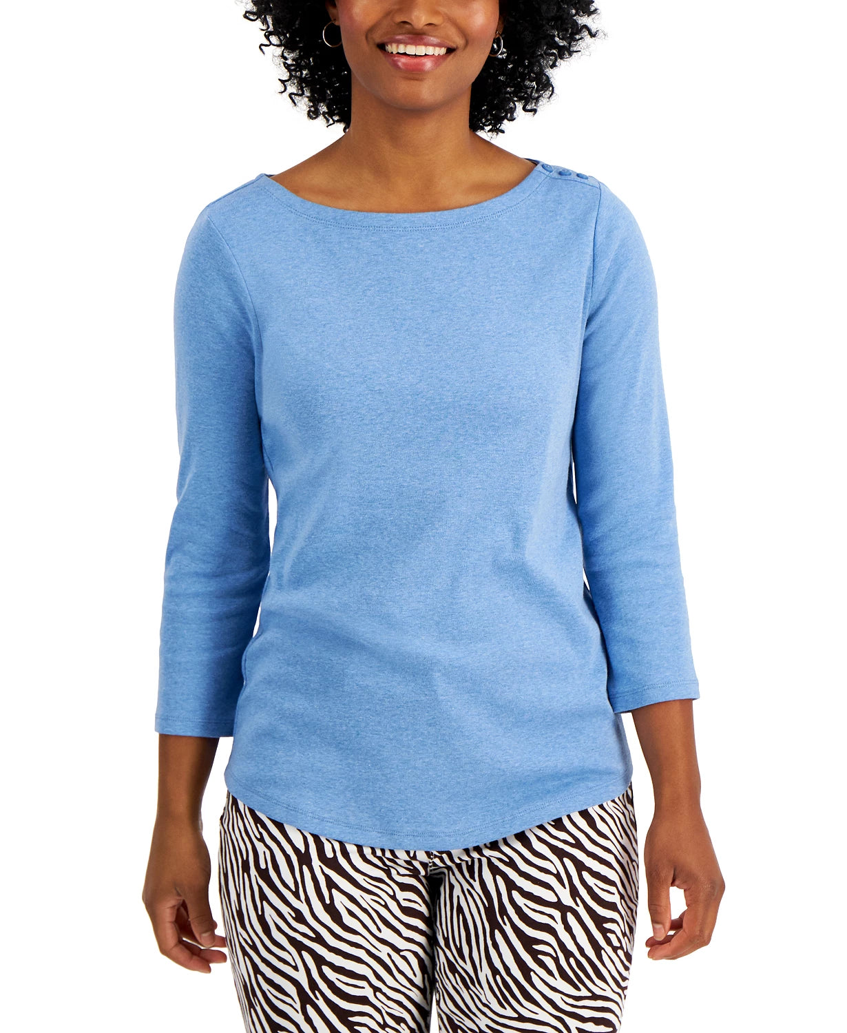 Charter Club Women's Boat-Neck Button-Shoulder Top Dark Blue Size Medium