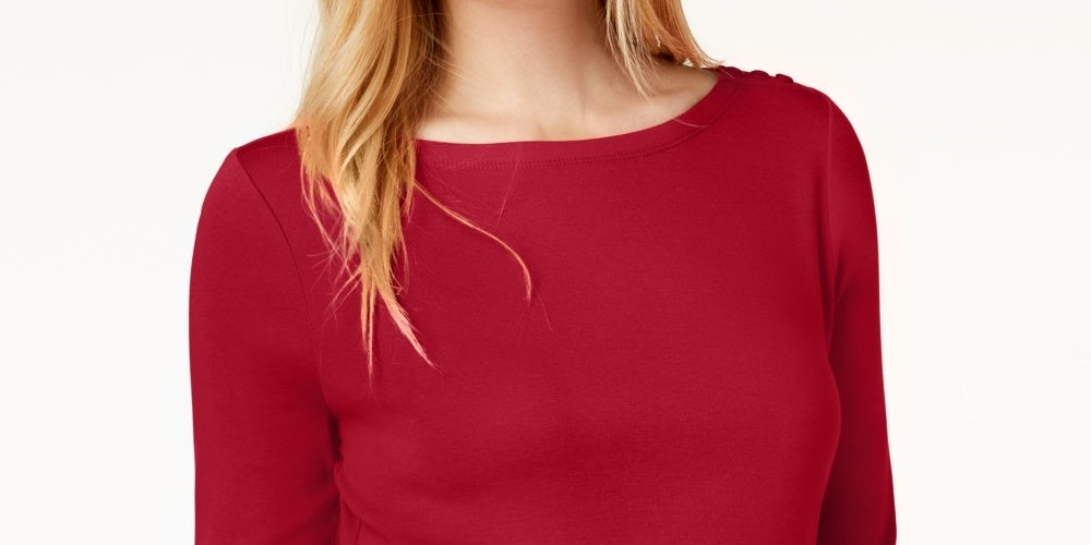 Charter Club Women's Pima Cotton Boat-Neck Button-Shoulder Top Red Size Small
