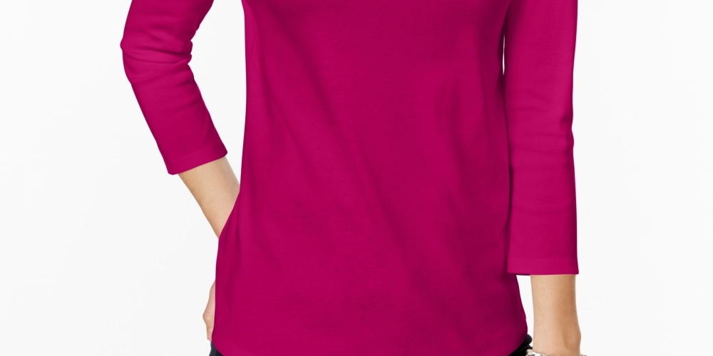 Charter Club Women's Pima Cotton Button Shoulder Top Pink Petite Small