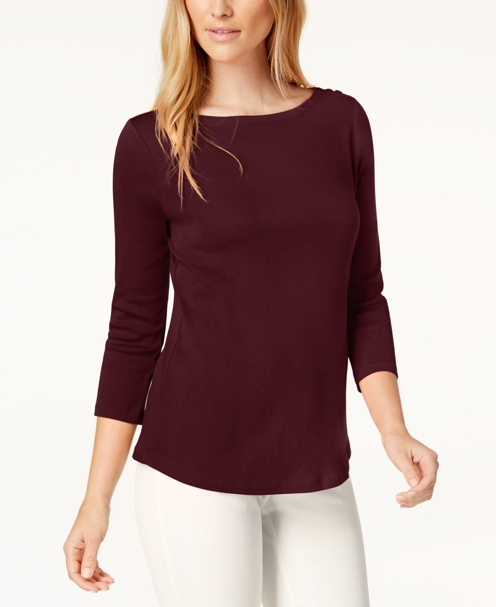 Charter Club Women's Pima Cotton Boat Neck Button Shoulder Top Red Size XX-Large
