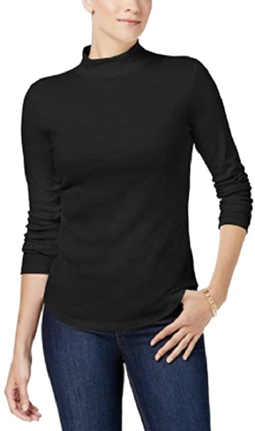 Charter Club Women's Cotton Mock-Neck Top Black Size Medium
