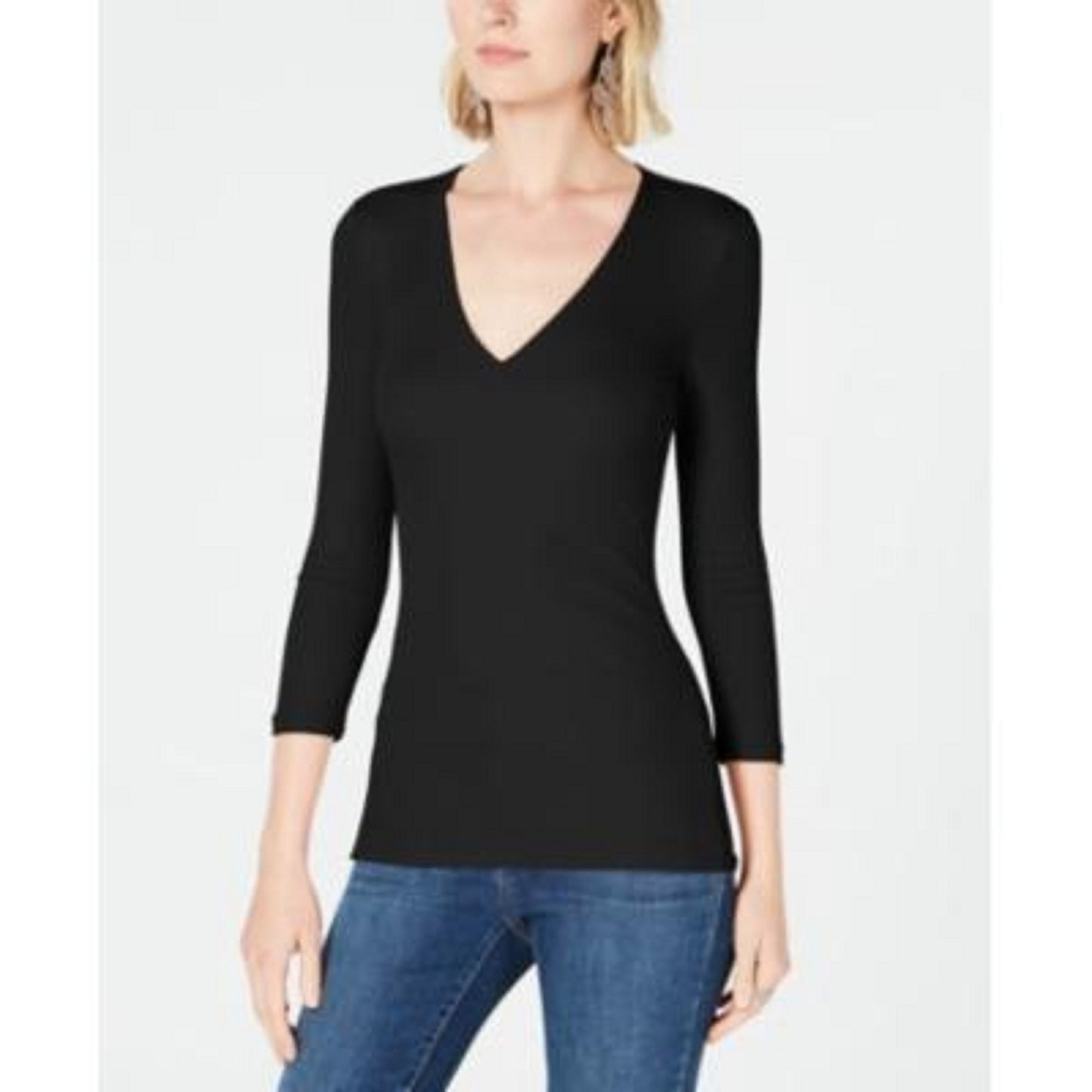 INC International Concepts Women's Petite V-Neck Top Black Size Petite