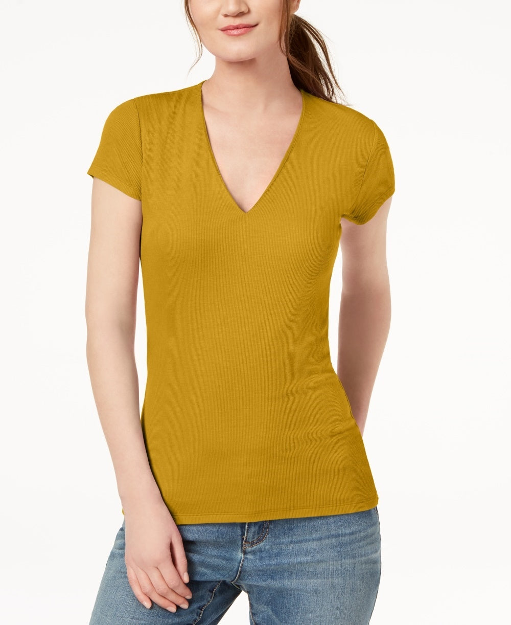 INC International Concepts Women's Short Sleeve Ribbed V-Neck Top Gold Size Medium