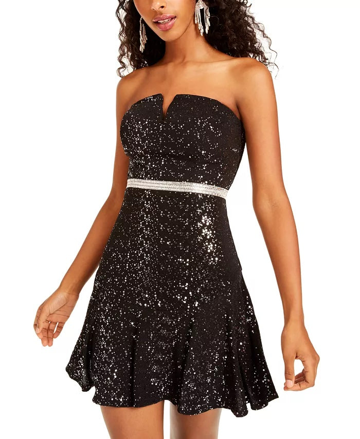 City Studios Juniors' Sequined Strapless Fit & Flare Dress Silver Size 0