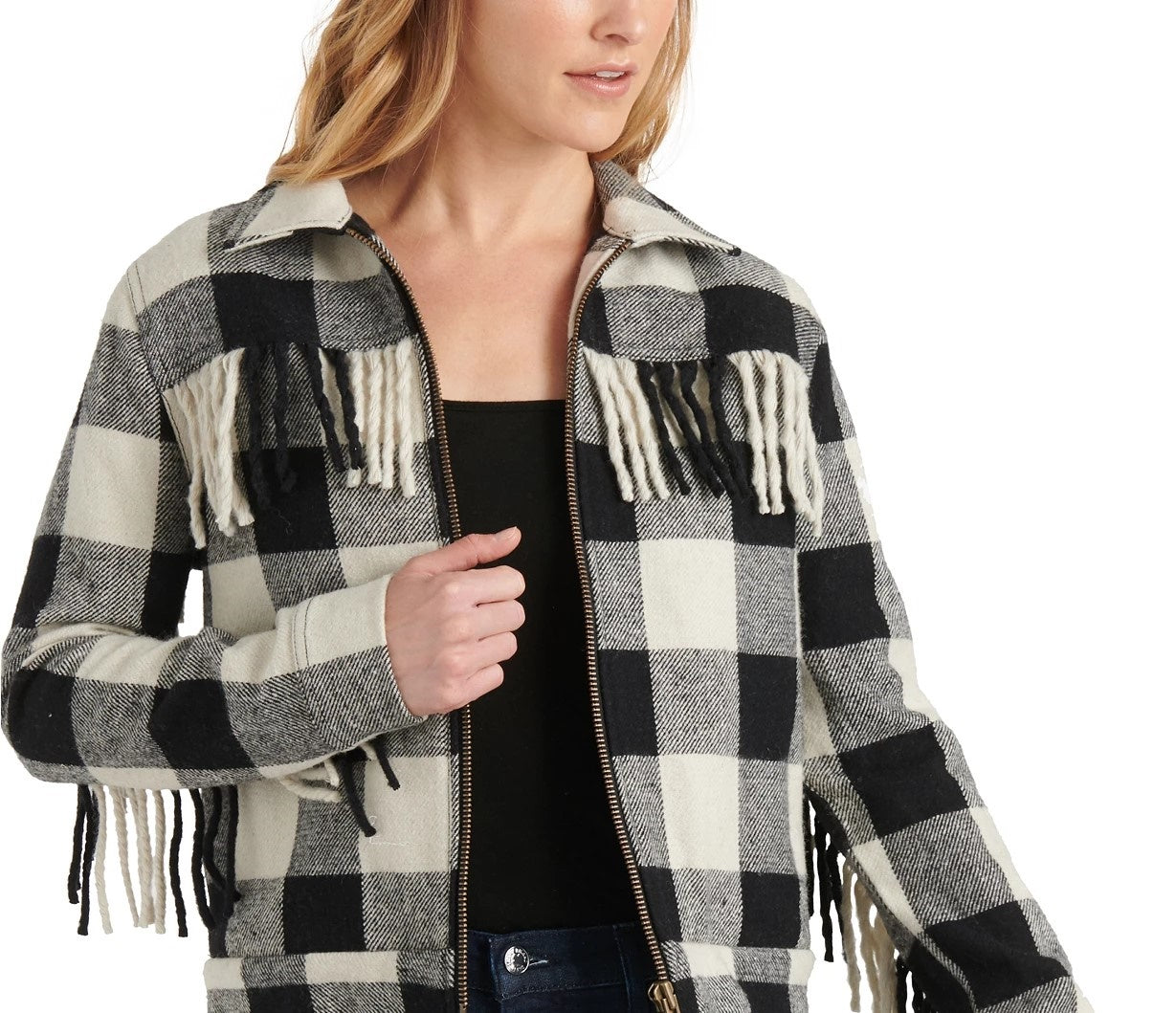 Lucky Brand Women's Buffalo-Plaid Fringe Jacket Black Size Large