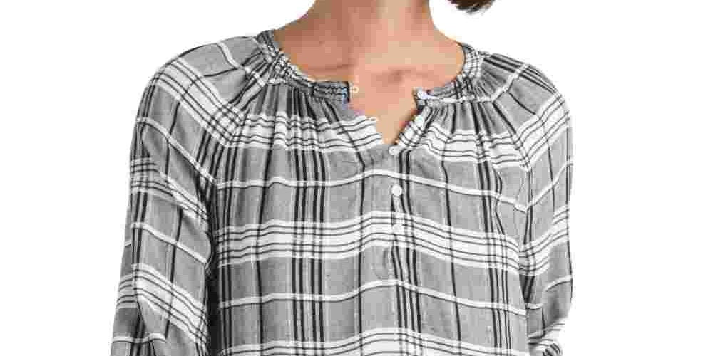 Lucky Brand Women's Jessica Plaid Embroidered Blouse Gray Size Large