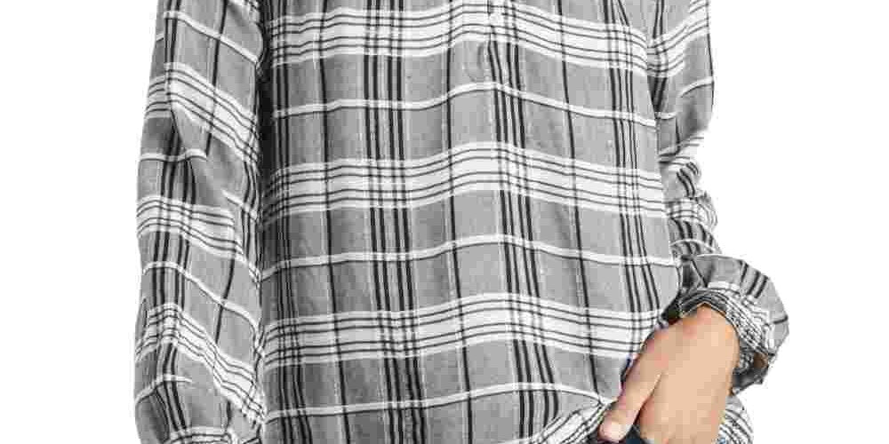 Lucky Brand Women's Jessica Plaid Embroidered Blouse Gray Size Large