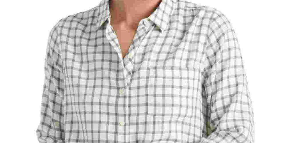 Lucky Brand Women's Check Long Sleeve Collared Blouse Top Gray Size Small