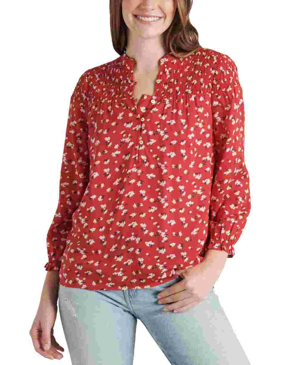 Lucky Brand Women's Printed Smocked Top Red Size X-Large