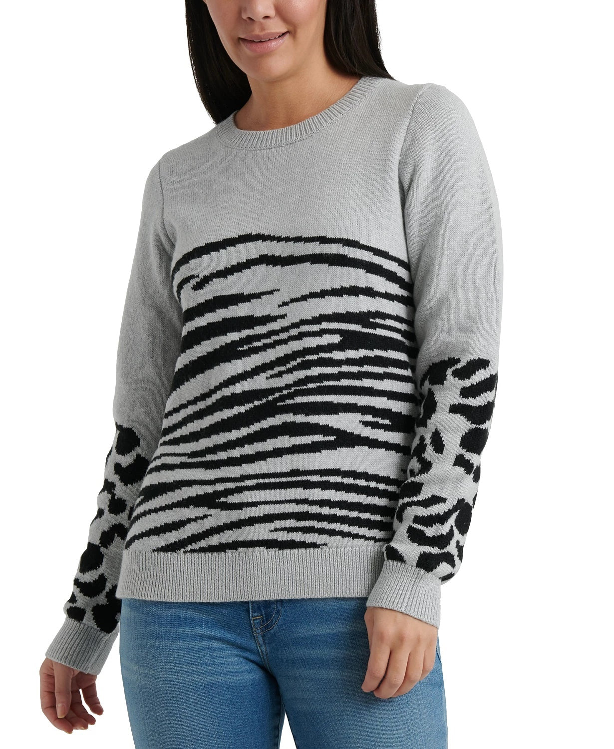 Lucky Brand Women's Mixed Animal Sweater Grey Size X-Large