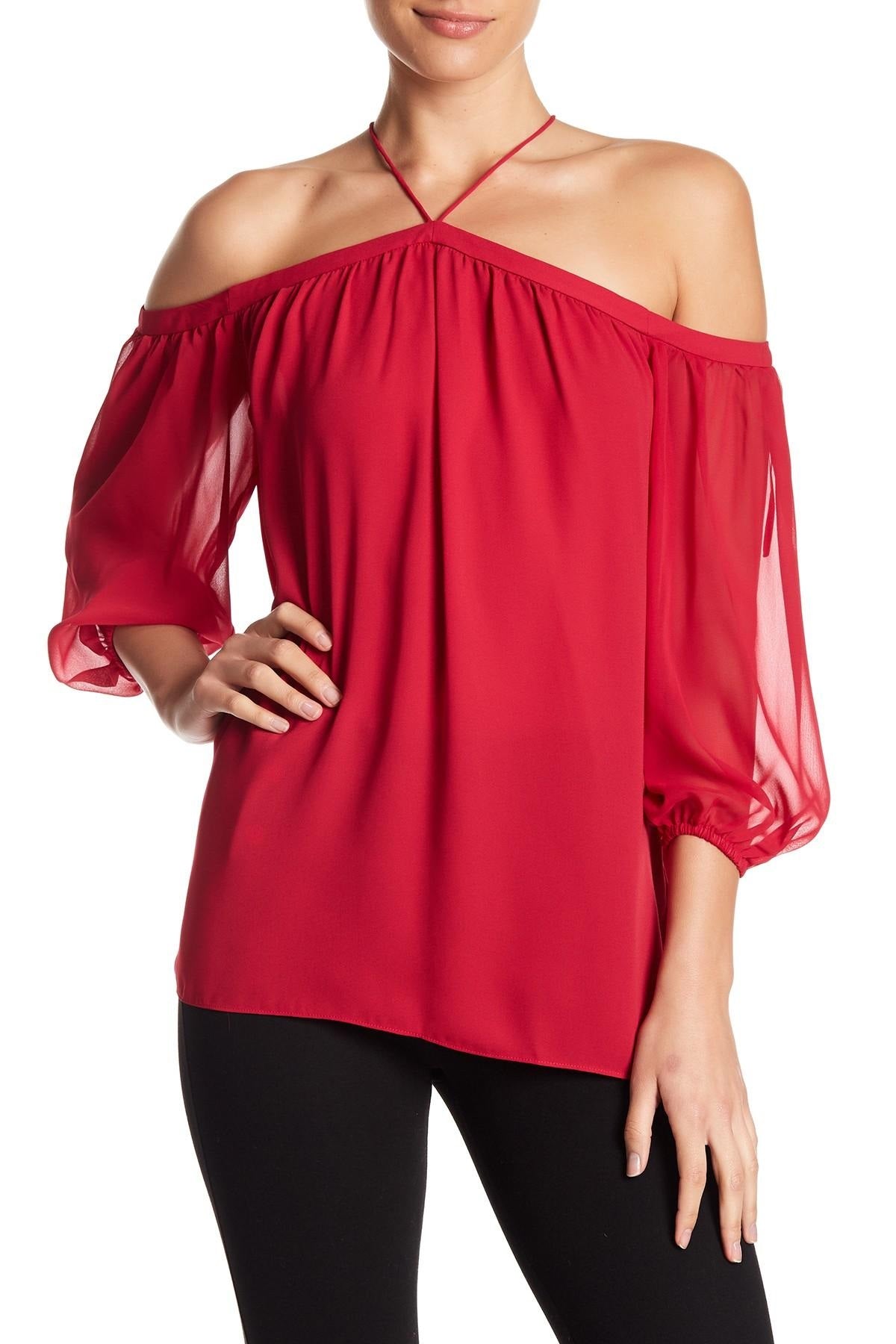 1.STATE Women's Off The Shoulder Sheer Chiffon Blouse Red Size XX-Small