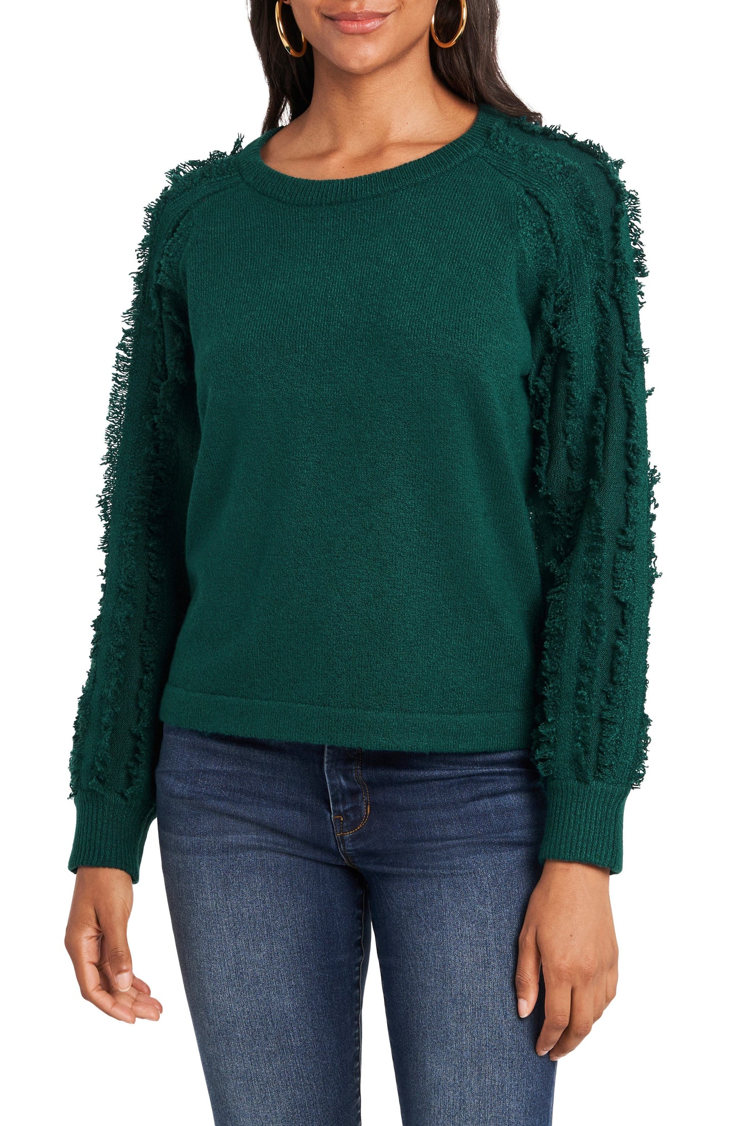 1.STATE Women's Fringe-Sleeve Crewneck Sweater Green Size Extra Large