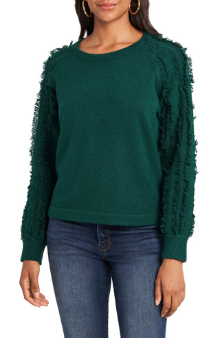 1.STATE Women's Fringe-Sleeve Crewneck Sweater Green Size Extra Large