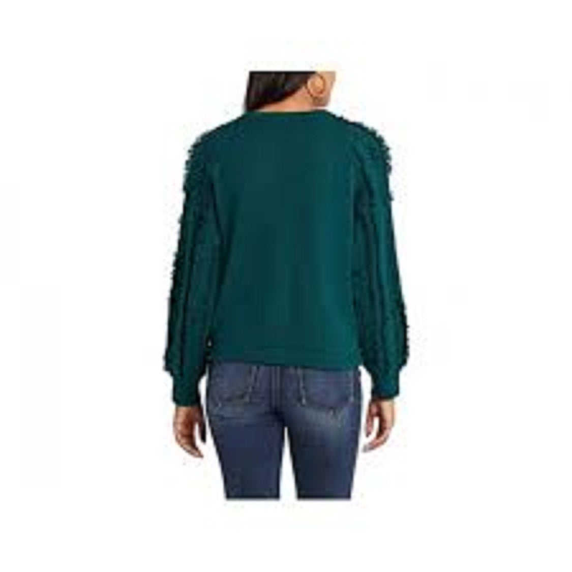 1.STATE Women's Fringe-Sleeve Crewneck Sweater Green Size Extra Large