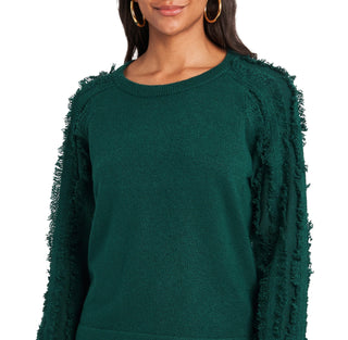 1.STATE Women's Fringe-Sleeve Crewneck Sweater Green Size Extra Large