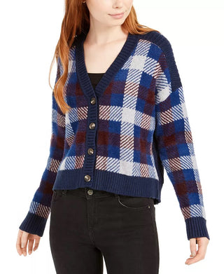 1.STATE Women's Plaid Button Front Crop Cardigan Blue
