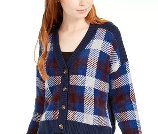 1.STATE Women's Plaid Button Front Crop Cardigan Blue
