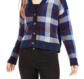 1.STATE Women's Plaid Button Front Crop Cardigan Blue