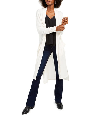 1.STATE Women's Waffle Knit Maxi Cardigan Sweater White