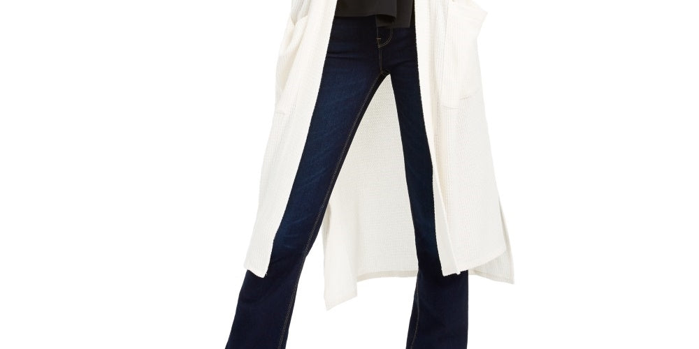 1.STATE Women's Waffle Knit Maxi Cardigan Sweater White