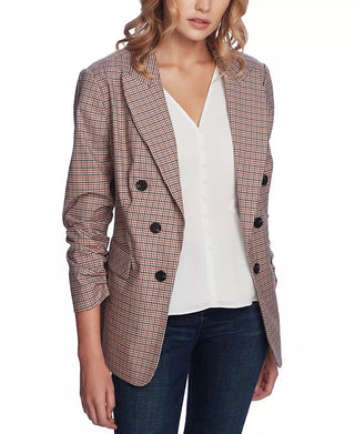 1.STATE Women's Minicheck Ruched Sleeve Blazer Brown