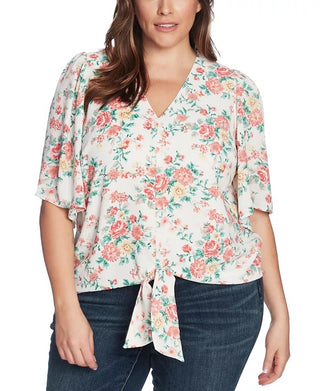 1.STATE Women's Trendy Plus Floral Print Tie Front Top Brown