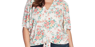 1.STATE Women's Trendy Plus Floral Print Tie Front Top Brown