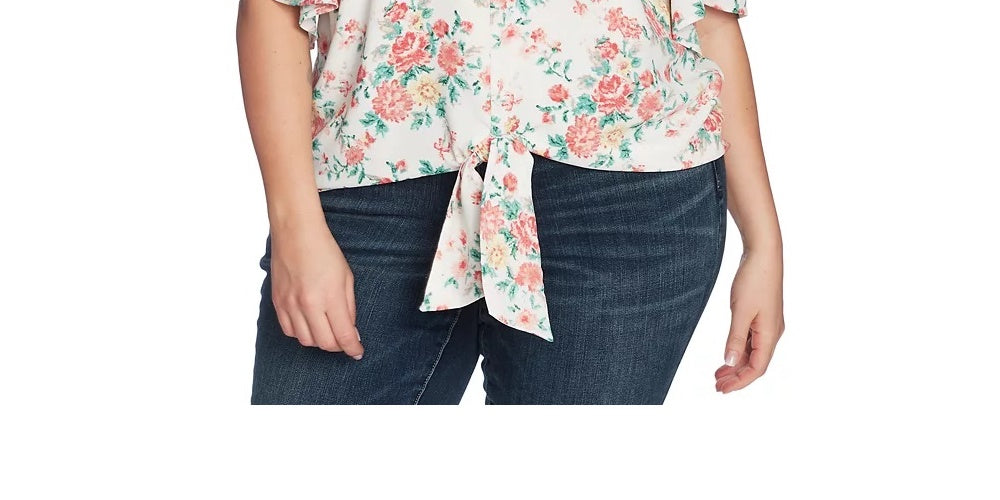 1.STATE Women's Trendy Plus Floral Print Tie Front Top Brown