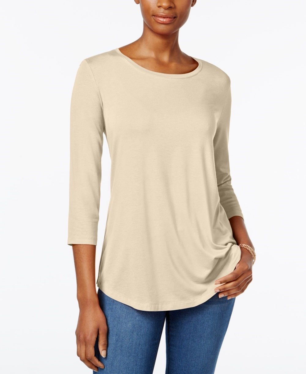 JM Collection Women's Petite Three-Quarter-Sleeve Top Beige Size Petite