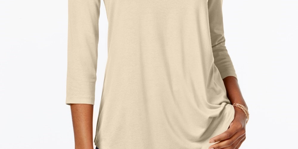 JM Collection Women's Petite Three-Quarter-Sleeve Top Beige Size Petite