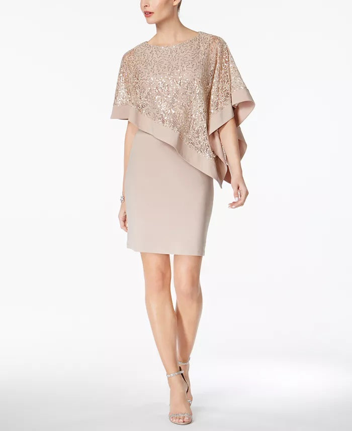 R & M Richards Women's Sequined Cape Sheath Dress Taupe Size 10 Petite