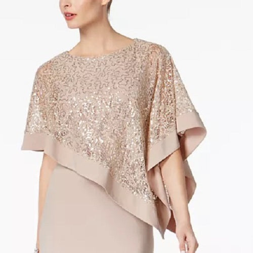 R & M Richards Women's Sequined Cape Sheath Dress Taupe Size 10 Petite