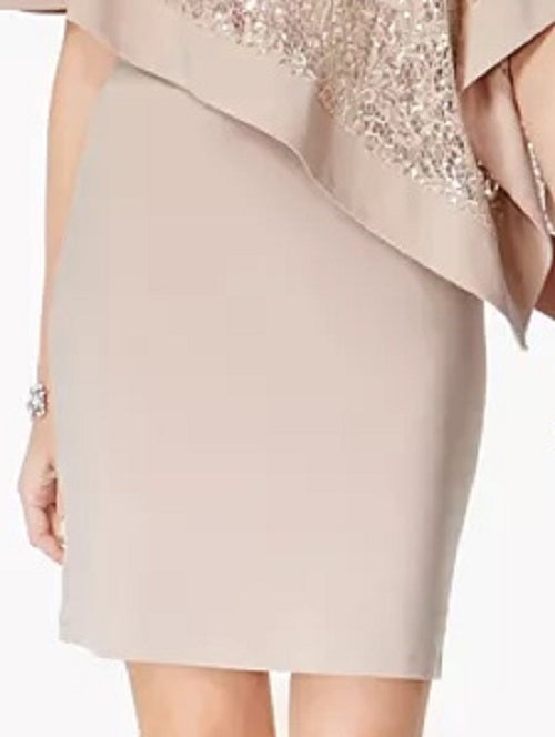 R & M Richards Women's Sequined Cape Sheath Dress Taupe Size 10 Petite