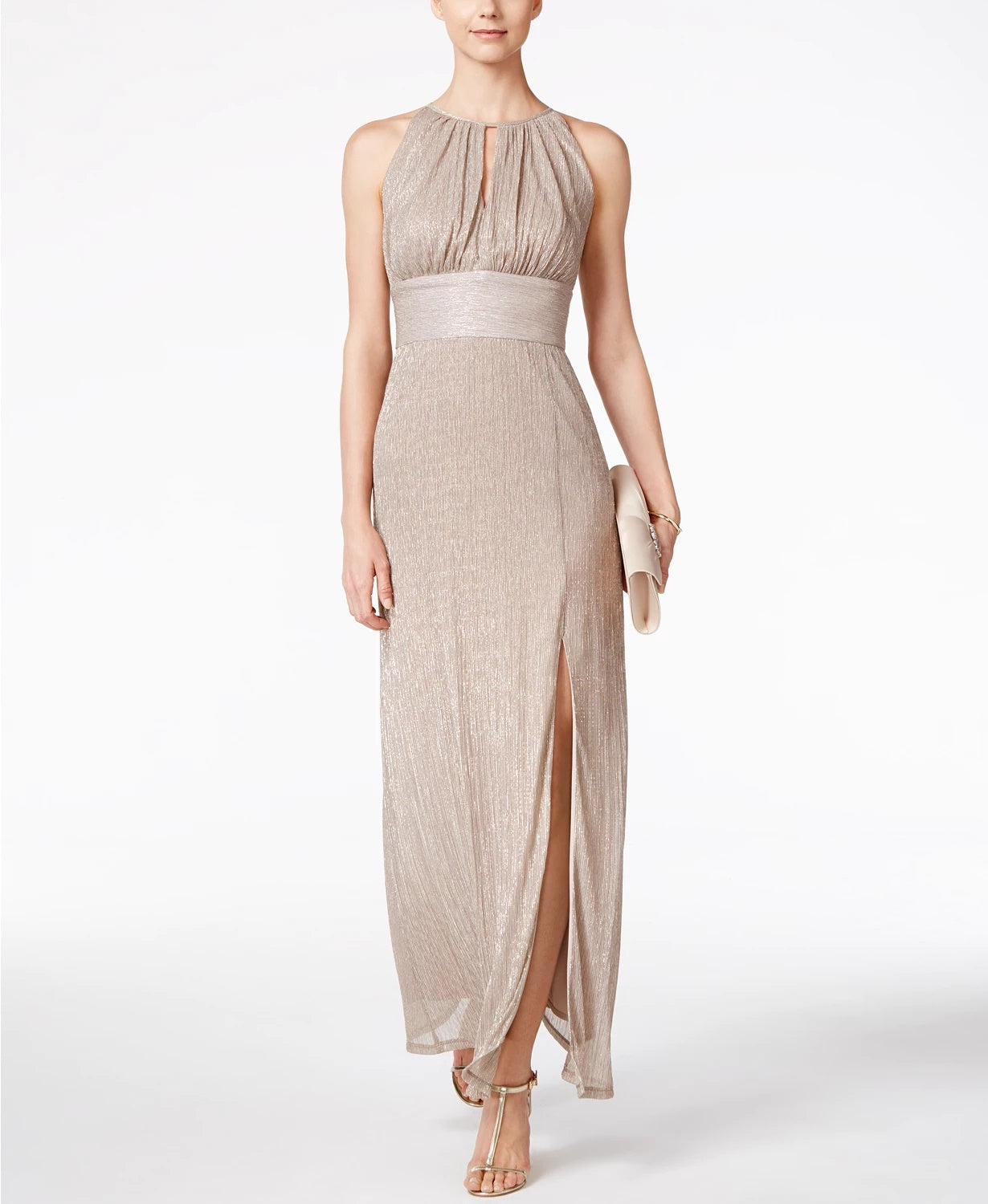 R & M Richards Women's Metallic Knit Keyhole Halter Gown Gold Size 8