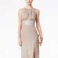 R & M Richards Women's Metallic Knit Keyhole Halter Gown Gold Size 8