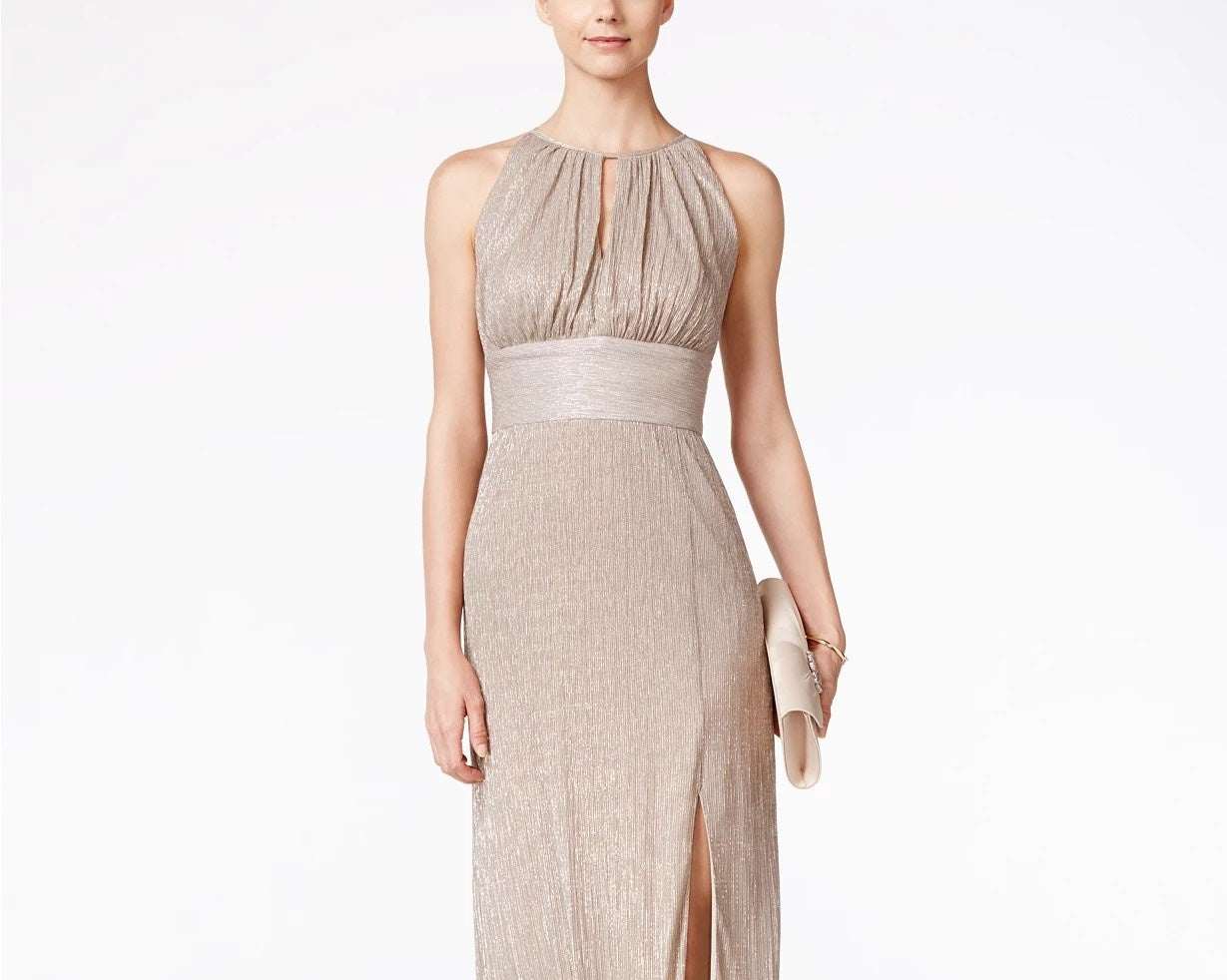 R & M Richards Women's Metallic Knit Keyhole Halter Gown Gold Size 8