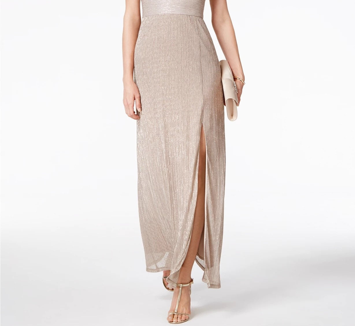 R & M Richards Women's Metallic Knit Keyhole Halter Gown Gold Size 8